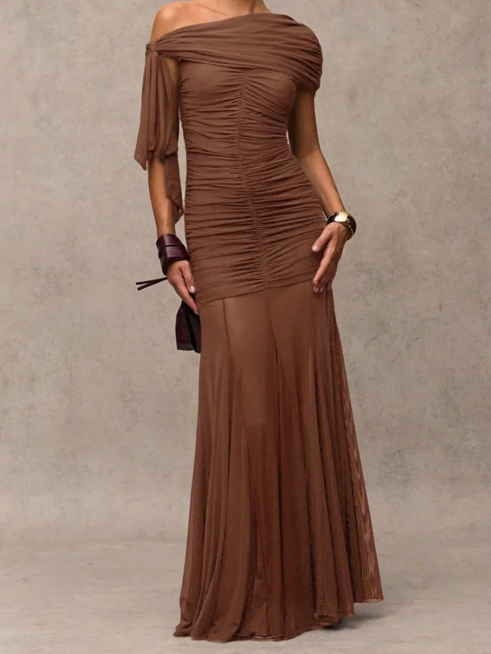 Brown Elegant Women's Ruched Asymmetric Long Dress